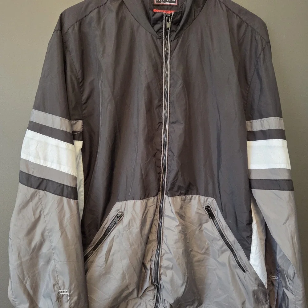 LON NYC Across The Pond Men's L Jacket Black White Gray Windbreaker Full Zip EUC - Picture 3 of 6